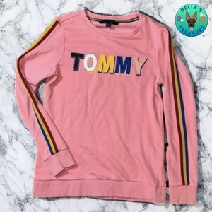 Tommy Hilfiger XS Bubblegum Pink Sweater Varsity Lettering Color Block Y2K
